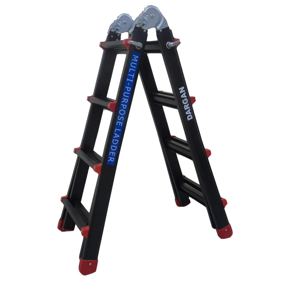 Dargan black aluminium multi-purpose ladder with red feet and hinged grey metal top sections, displayed in open A-frame position
