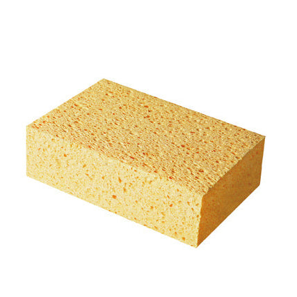 Bihui cellulose sponge in yellow measuring 165mm x 110mm x 50mm displayed at an angle showing its porous texture and rectangular block shape
