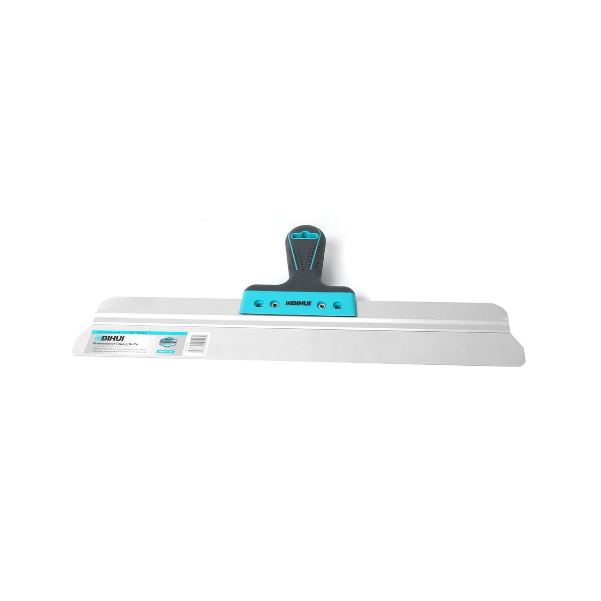 Bihui 500mm taping knife with turquoise and black handle featuring a wide silver steel blade, product packaging visible on left side