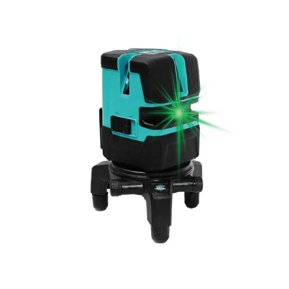 Bihui self-levelling laser level with turquoise and black housing, emitting bright green laser beam, mounted on black tripod base with adjustable legs