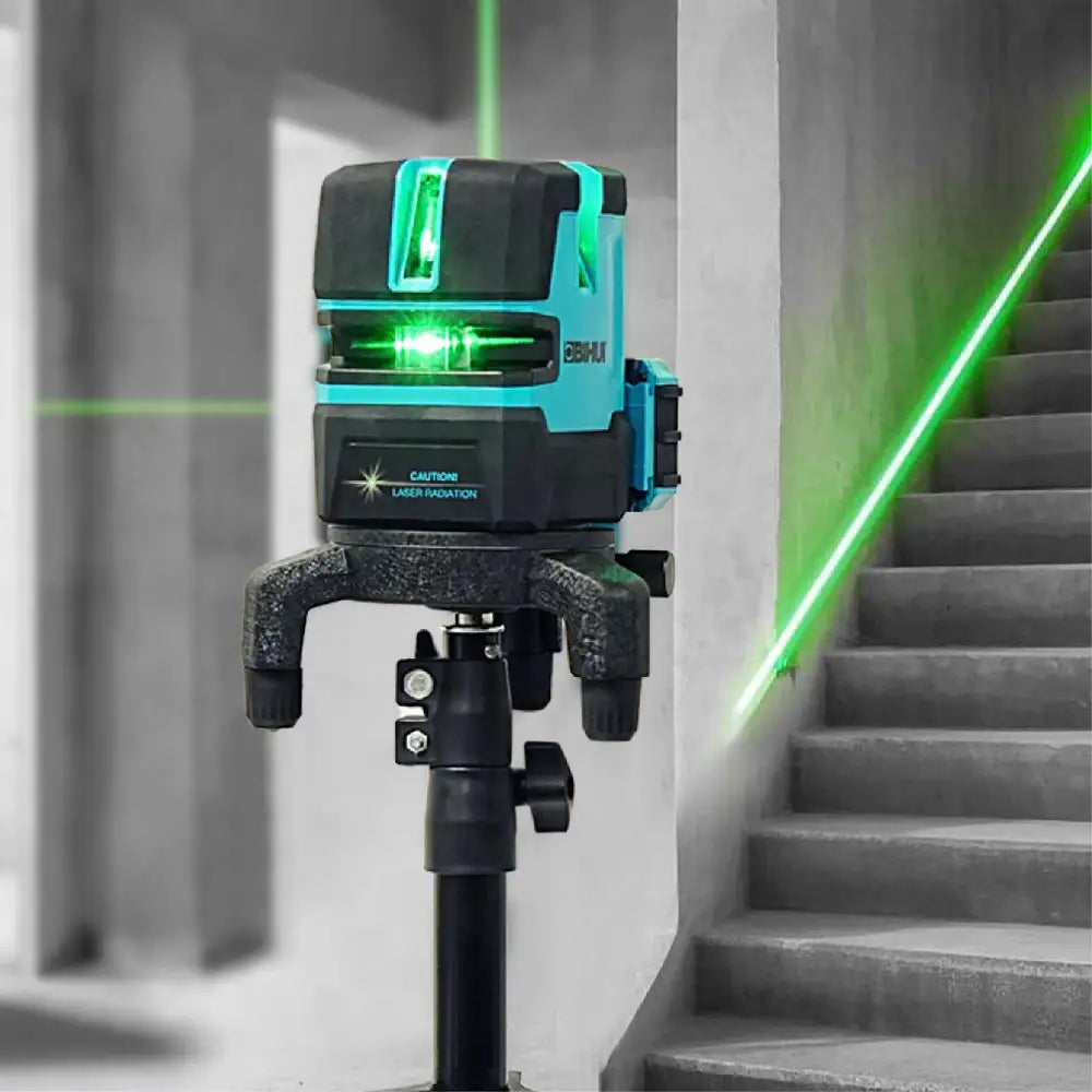Bihui self-levelling laser level with bright green cross laser beams mounted on tripod in industrial stairwell setting, featuring turquoise and black casing with illuminated display window