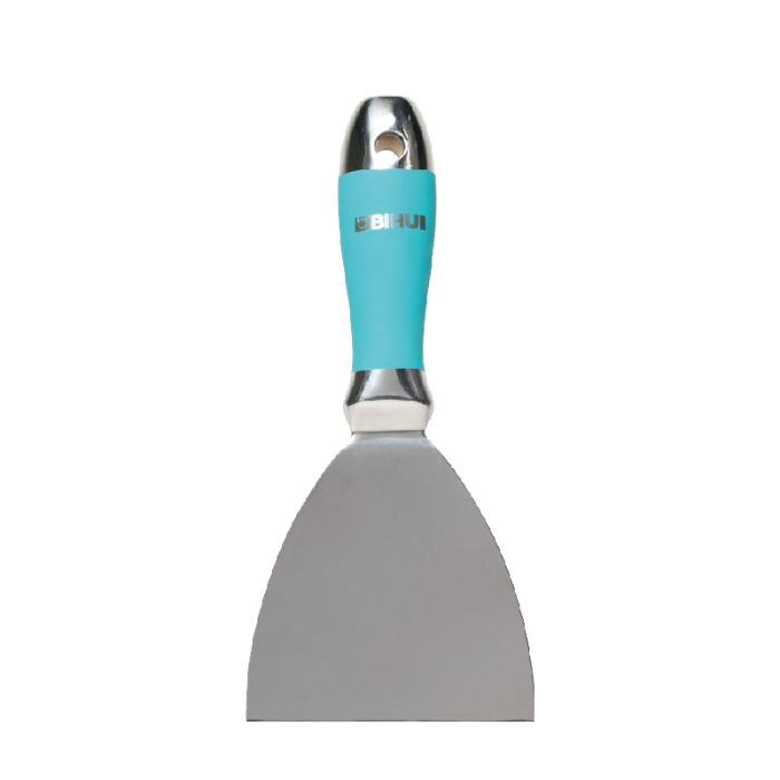 Bihui 4 inch putty scraper with turquoise rubber grip handle, stainless steel blade and chrome ferrule on white background