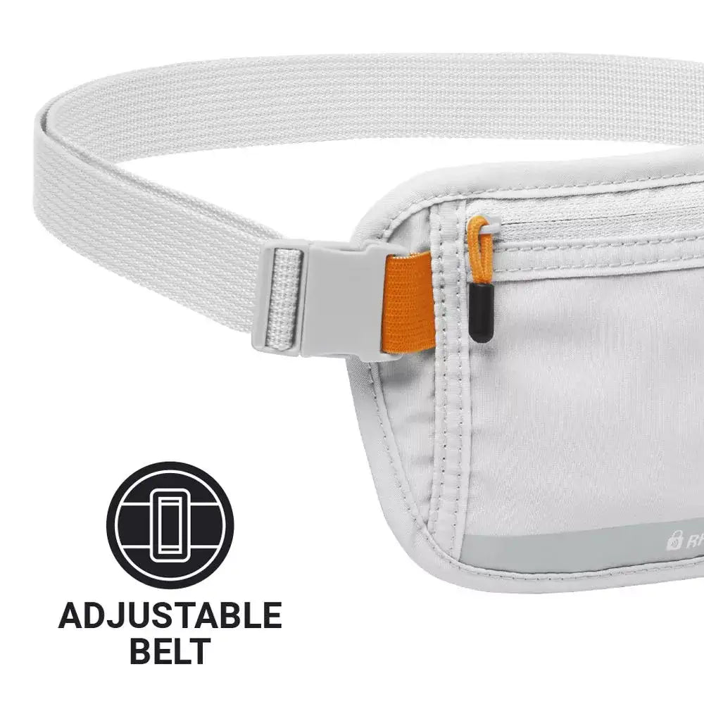 Go Travel Secret Waist Money Minder grey travel pouch with adjustable white webbing belt and plastic buckle clasp, featuring orange and black zipper pulls