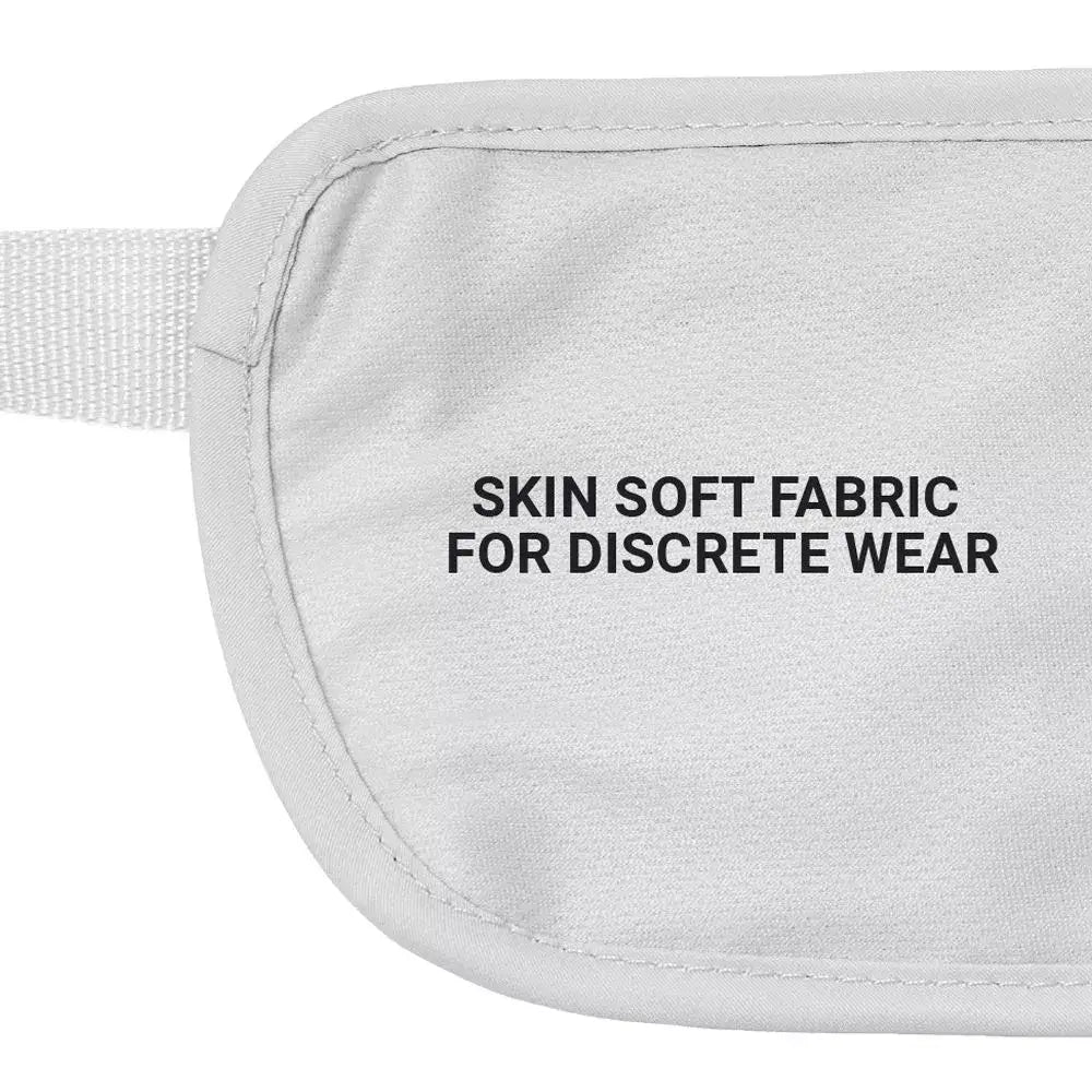 Grey fabric waist pouch with adjustable strap showing skin-soft fabric for discrete wear detail text on front