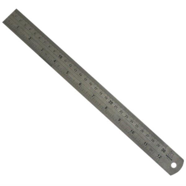 Dargan steel rule 12 inch metric measuring ruler with grey metal construction and numbered centimeter markings, displayed at an angle on white background