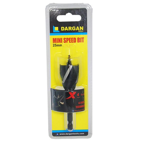 Dargan mini speed auger bit 25mm in black packaging with yellow label displayed in clear plastic blister pack