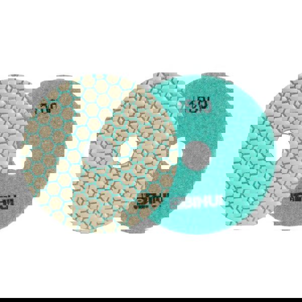 Bihui 4 inch dry diamond polishing pad showing circular abrasive surface with gray, tan and turquoise colored diamond polishing segments arranged in a textured pattern against white background