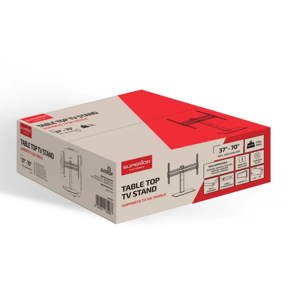 Packaging for Superior Electronics table top TV stand bracket compatible with 37-70 inch TVs, showing beige and red cardboard box with product specifications and VESA compatibility information
