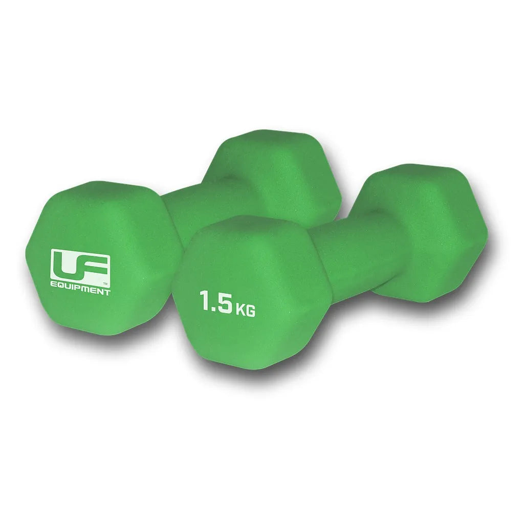 Pair of green neoprene-covered hex dumbbells weighing 1.5kg each with Urban Fitness Equipment branding displayed against a white background