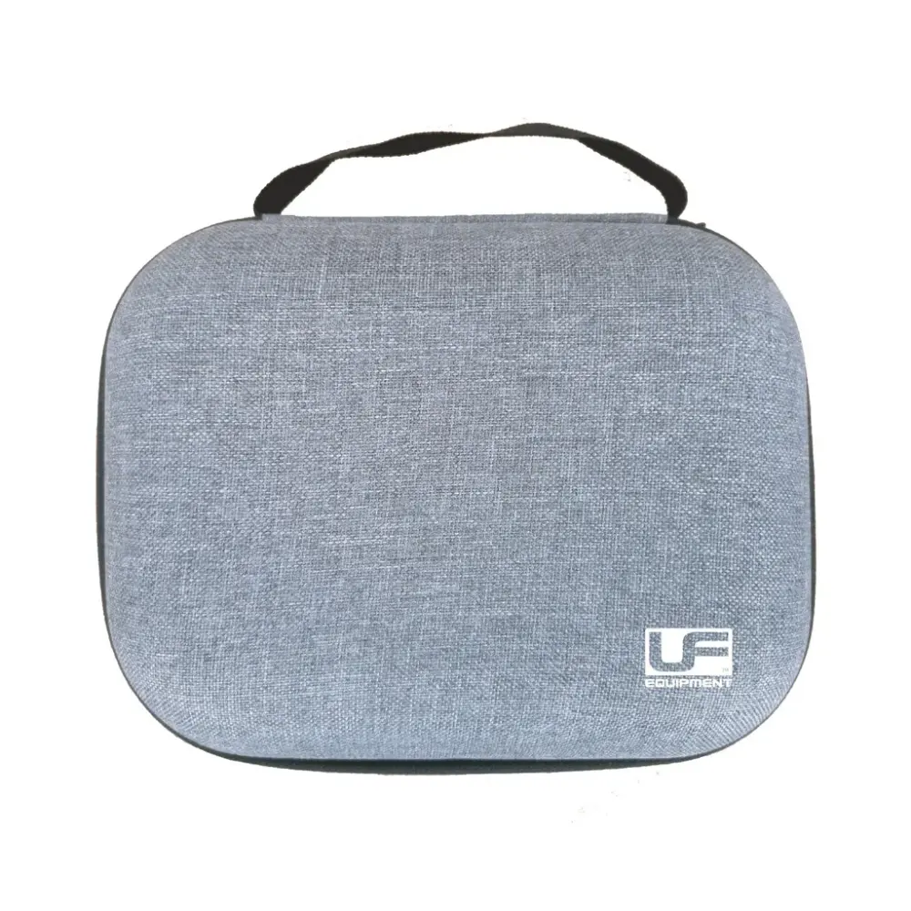 Grey fabric carrying case with black handle and UF logo for Urban Fitness massage gun storage and transport