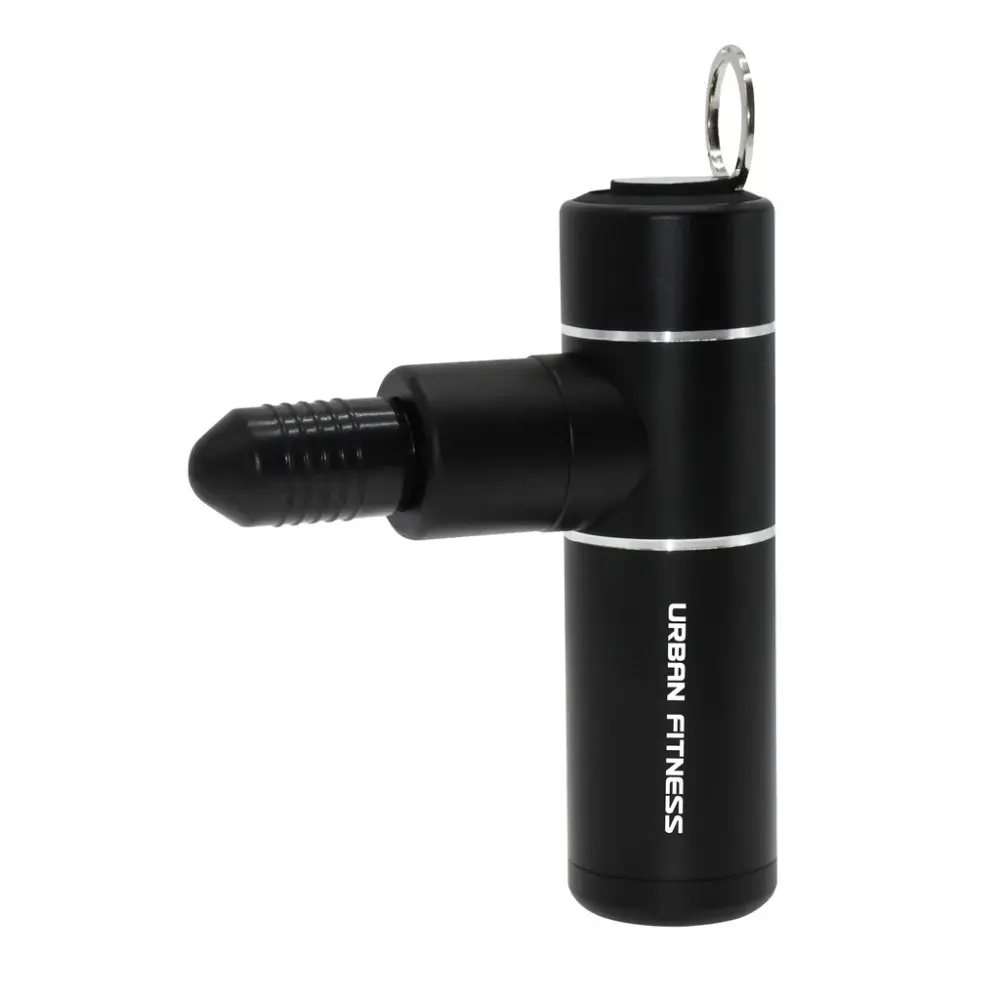 Black cylindrical Urban Fitness mini massage gun with metal accents and silver carry ring, featuring textured massage head attachment on white background