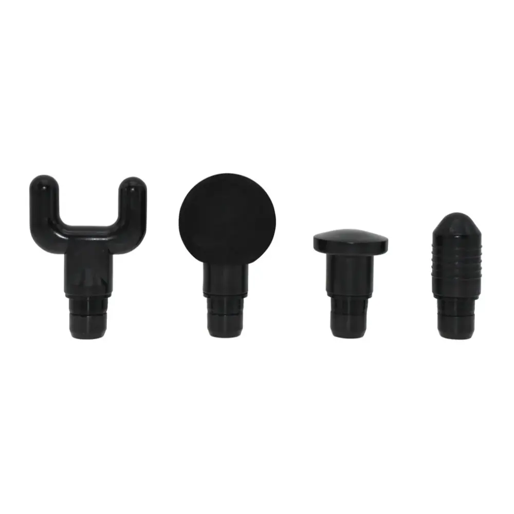 Four black plastic attachment heads for Urban Fitness massage gun displayed in a row, showing U-shaped fork, spherical ball, flat mushroom, and rounded cone shaped tips on white background