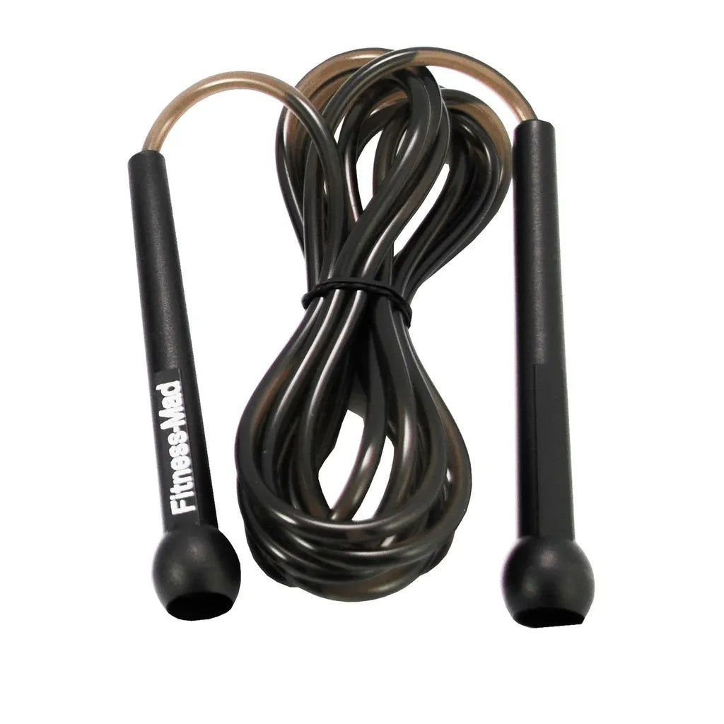 Black speed skipping rope with bronze metal handles and black grip sections, coiled in the center, displaying Fitness Mad branding on left handle