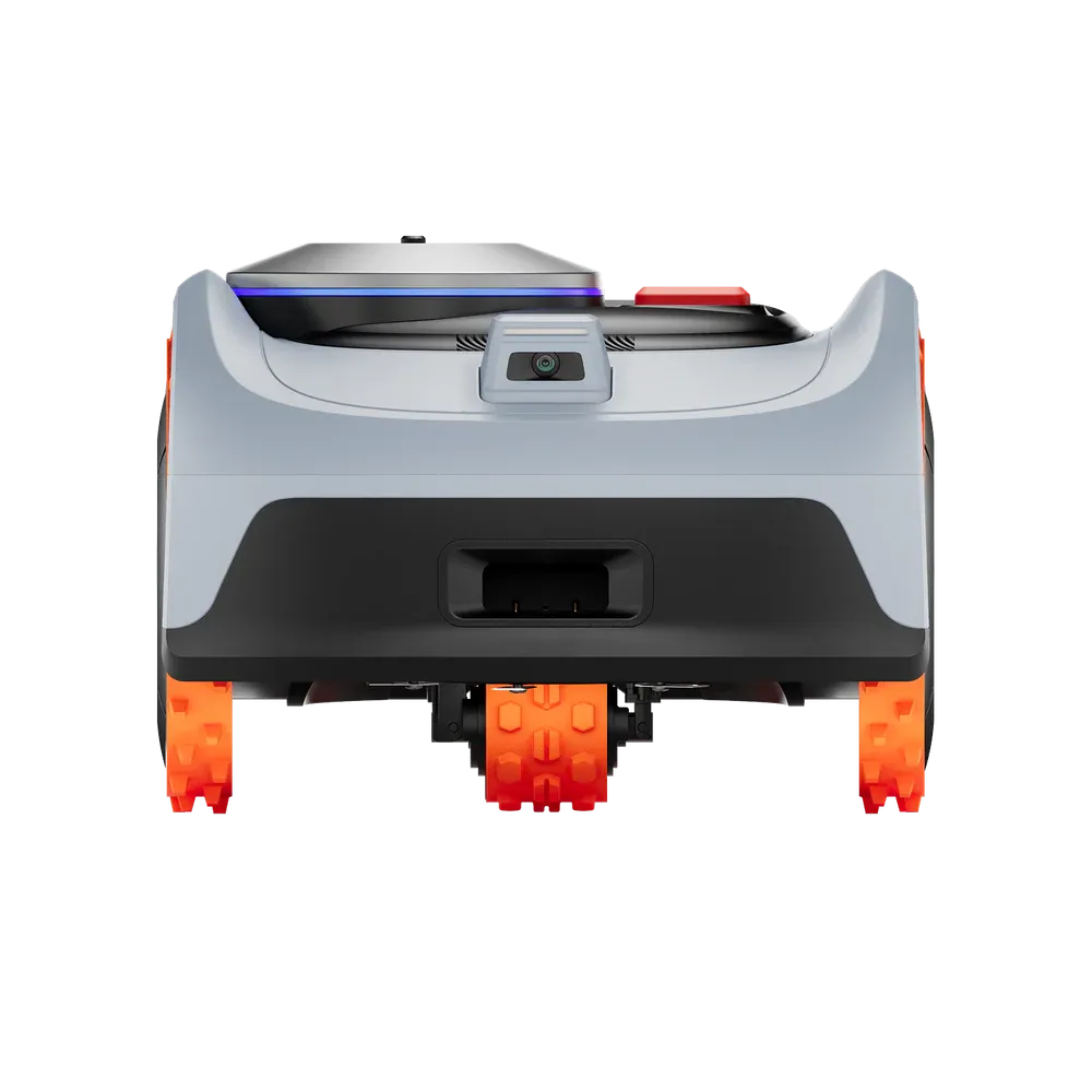 Segway Navimow i206 AWD robotic lawn mower rear view showing white and black body with orange treaded wheels, blue light bar, and red safety beacon on top, designed for 600 square meter coverage areas