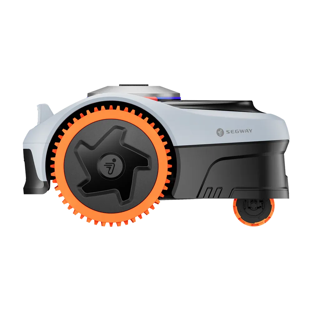 Segway Navimow i206 AWD robotic lawn mower with white and black body, prominent orange gear-toothed wheel, and LED lights on top, side view on white background