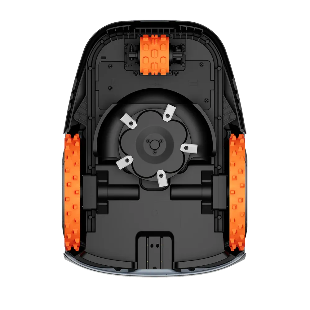 Overhead view of Segway Navimow i206 AWD robotic lawn mower showing black chassis with orange rubber tracks on sides, central cutting blade assembly with metal tabs, and orange component at top for navigation and charging