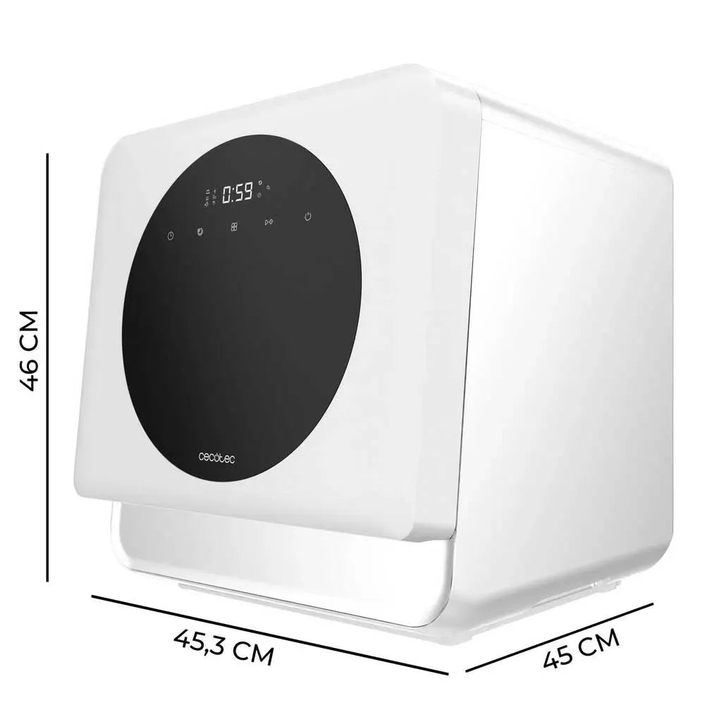 Cecotec Bolero Aguazero compact white countertop dishwasher with black digital display showing 0:59 timer, dimensions 46cm height x 45.3cm width x 45cm depth, featuring touch controls and rounded design