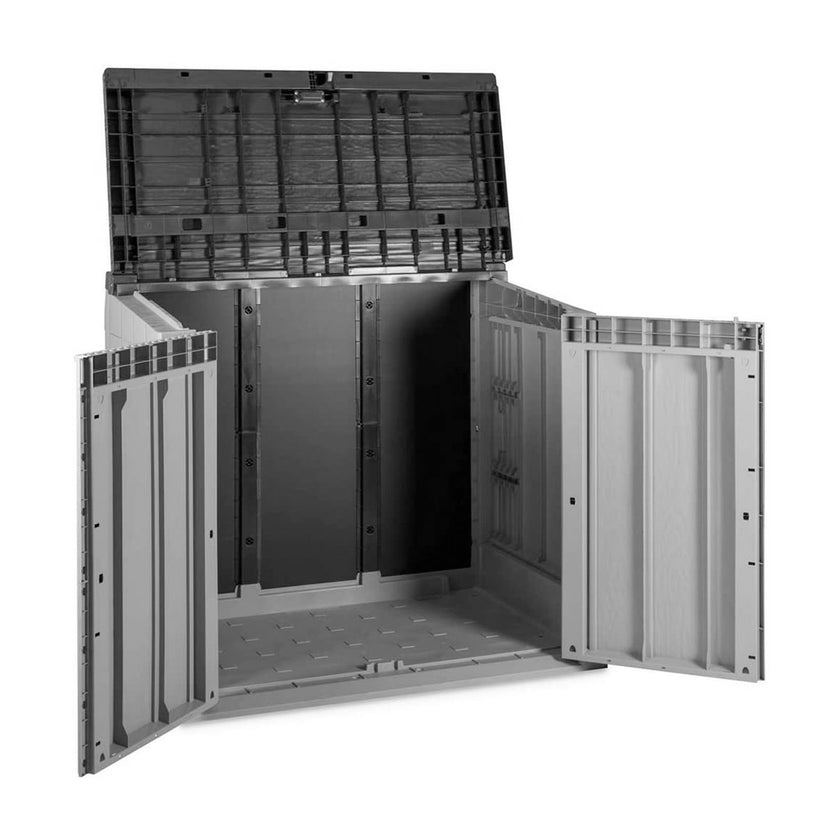 Toomax Storer Plus garden storage unit in taupe grey and anthracite with open doors and lid, showing interior compartments and ventilated sides