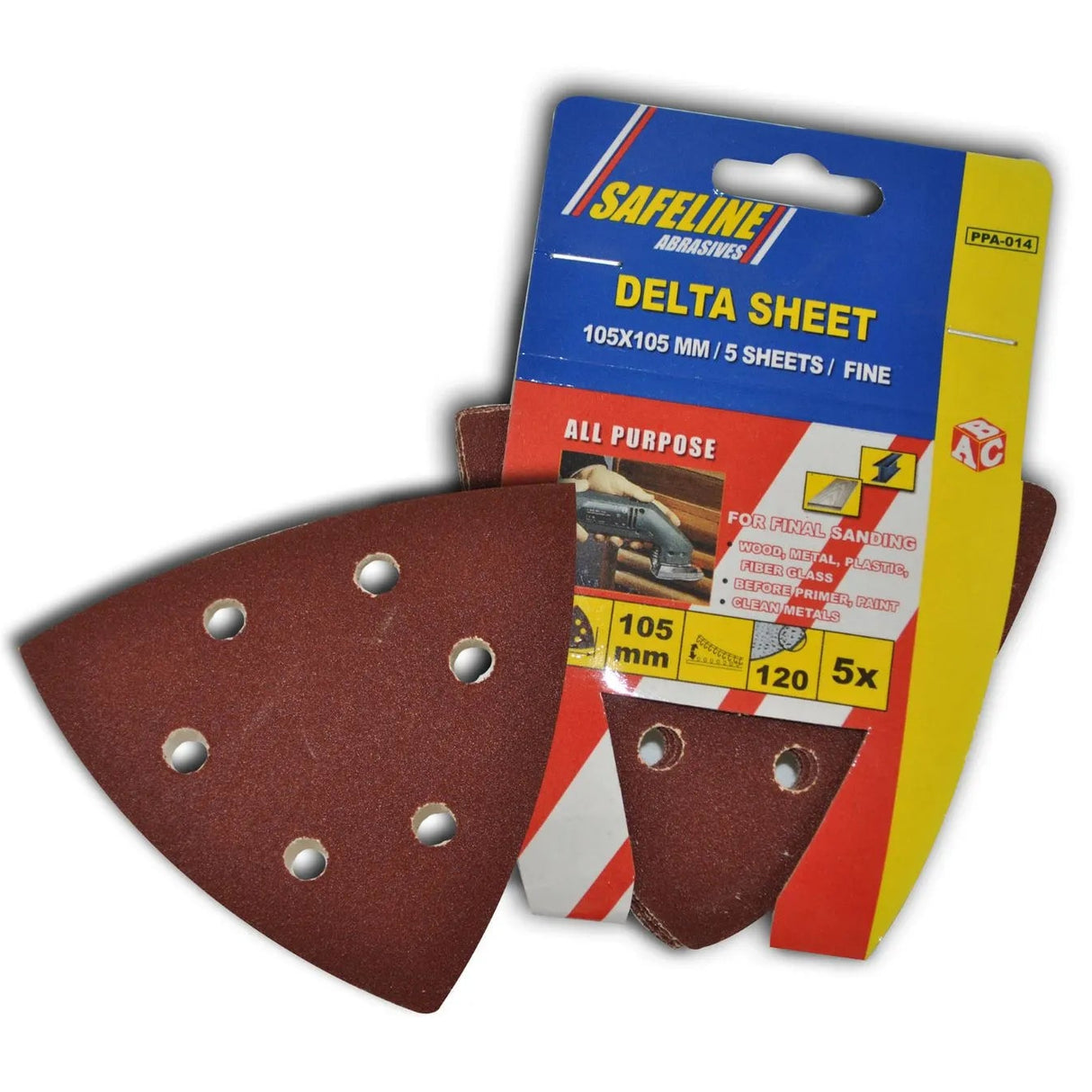 Safeline Delta Sheet 105x105mm fine sanding pads pack showing brown abrasive sheets with pre-drilled holes displayed next to blue and red product packaging