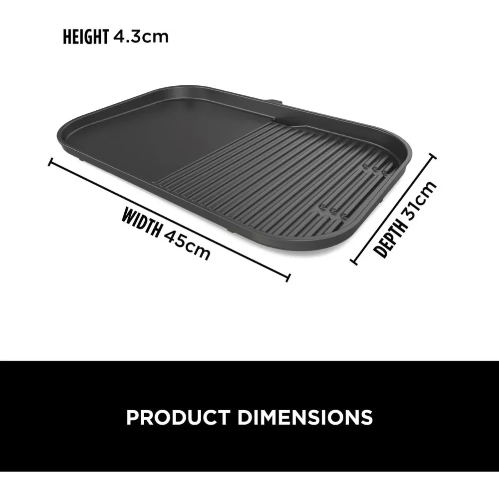 Black grill pan with dimensions labeled on a white background
