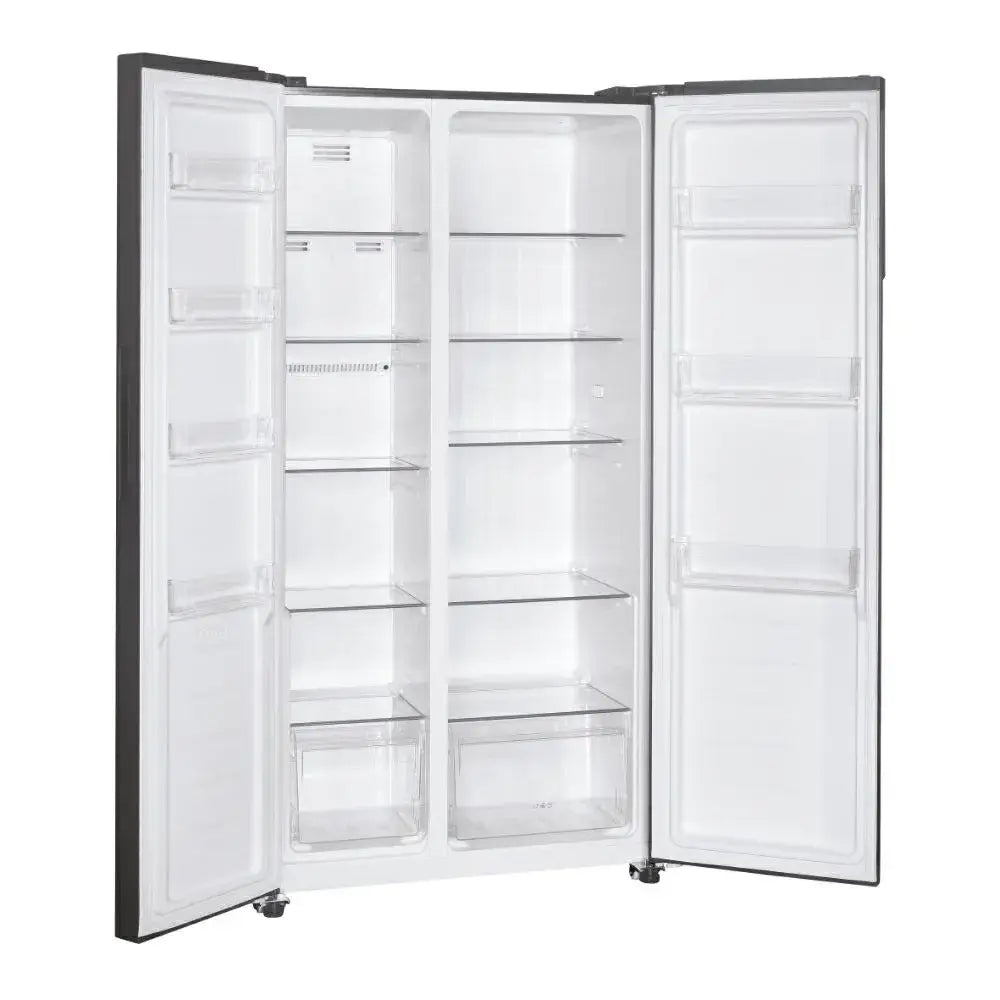 Candy 442L frost free American fridge freezer with stainless steel finish, side-by-side design with both doors open showing multiple glass shelves and clear storage compartments