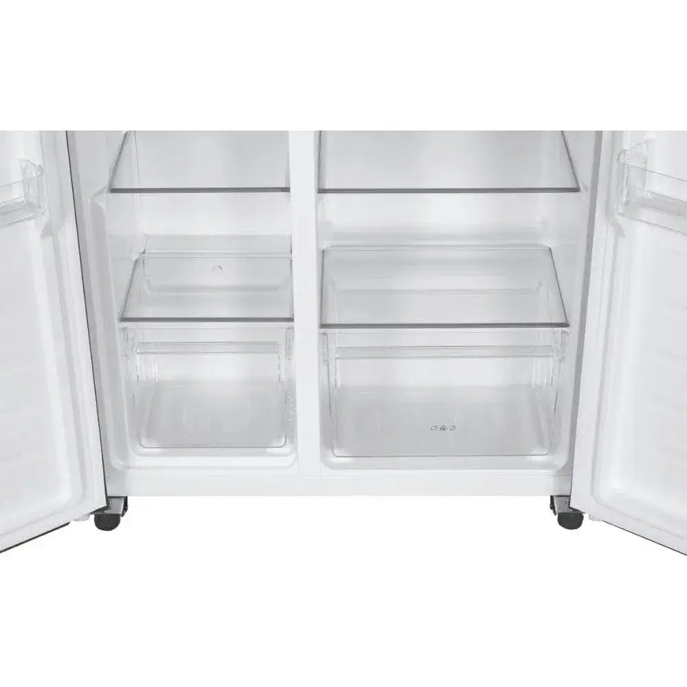 Interior view of Candy CHSBSV5172EXKN American fridge freezer with open doors showing empty clear glass shelves and transparent crisper drawers in stainless steel and white finish
