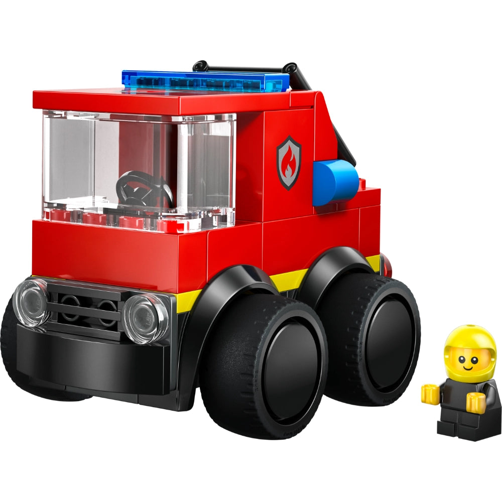 LEGO City Fire Truck set 60482 featuring a red and black motorized fire engine with large black wheels, blue flashing light on roof, transparent cabin windows, yellow and black accents, and a yellow-headed minifigure firefighter