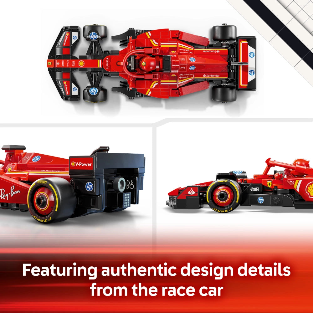 Top-down view of red LEGO Ferrari SF-24 Formula 1 race car with black accents, HP and Santander branding, alongside detailed side profile shots showing authentic design elements including Pirelli tires and aerodynamic features