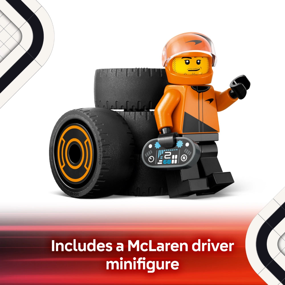 LEGO minifigure in orange and black McLaren racing suit with orange helmet standing next to large black racing tire with orange trim and digital display device, product image for LEGO F1 Driver with McLaren Race Car set 60442