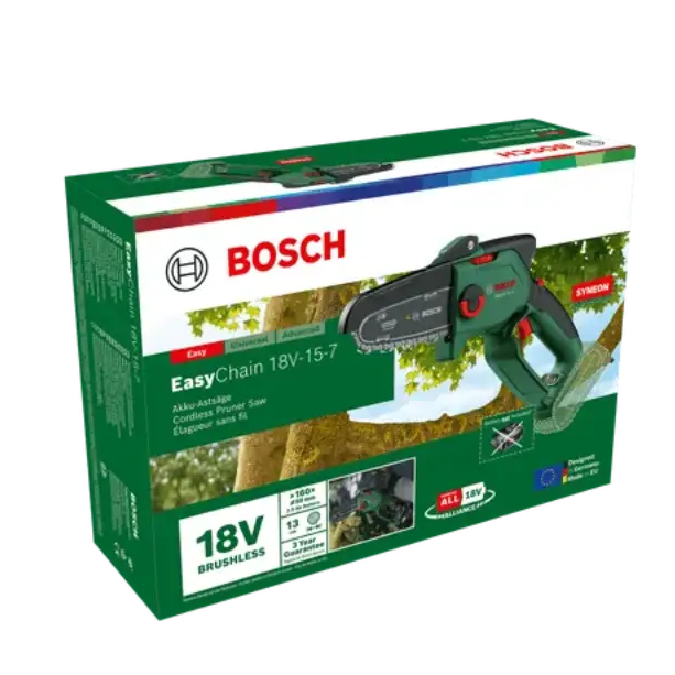 Bosch EasyChain 18V-15-7 cordless chainsaw with green and black design, displayed in product packaging with 18V battery and charger included
