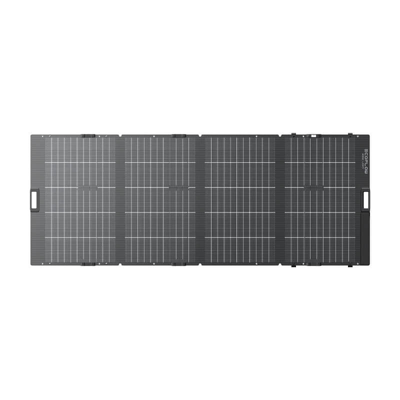 EcoFlow 400W portable solar panel featuring four foldable black monocrystalline panels with white grid lines and carrying handles, displayed in flat open configuration