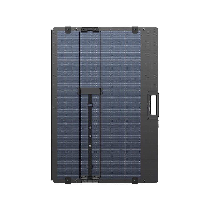EcoFlow 400W lightweight portable solar panel with dark gray frame and blue solar cells, featuring foldable design with carrying handle and central kickstand