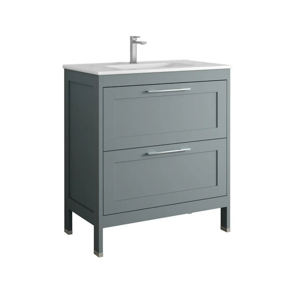 Matt grey freestanding bathroom vanity unit with white basin top, two drawers with chrome handles, chrome tap and metal legs, 80cm wide
