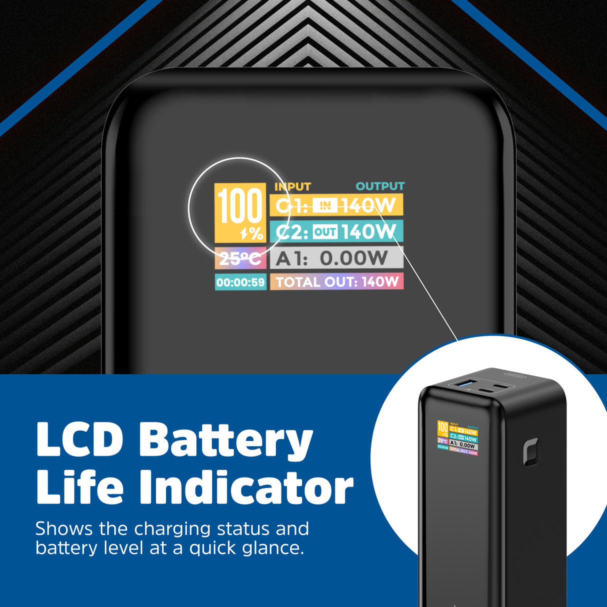 Energizer Power Tank 27000mAh 140W black portable charger displaying colorful LCD screen showing battery percentage, input/output wattage, and charging status information