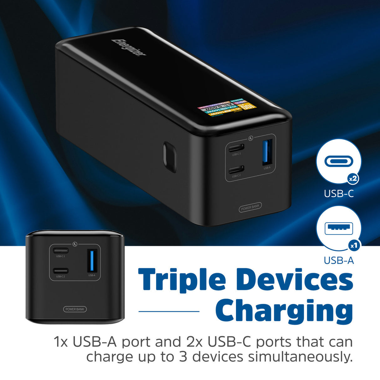 Black Energizer Power Tank 27000mAh portable power bank with triple device charging featuring 2x USB-C ports and 1x USB-A port, displayed at angled perspective against blue gradient background with port specifications labeled