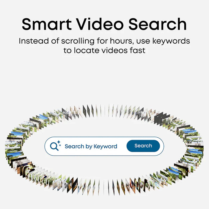 Smart video search feature with keyword input on a white background