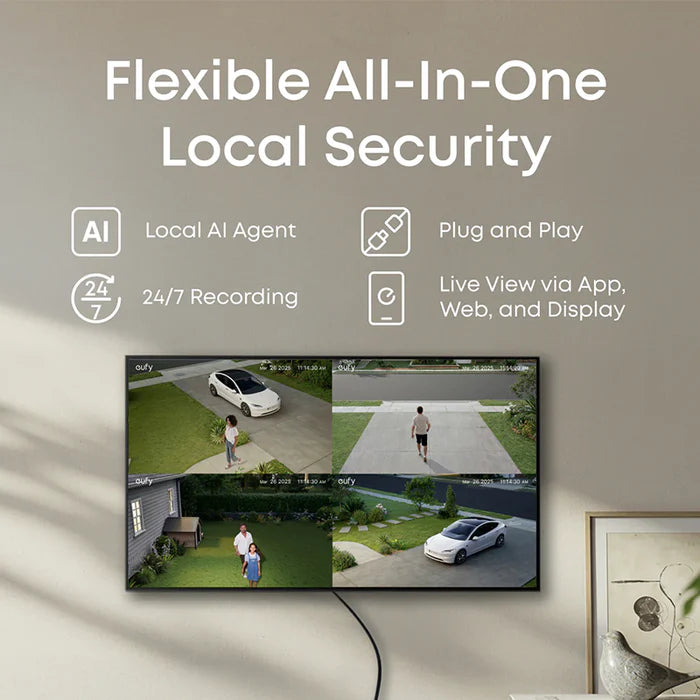Smart home security system display with video feeds on a wall.
