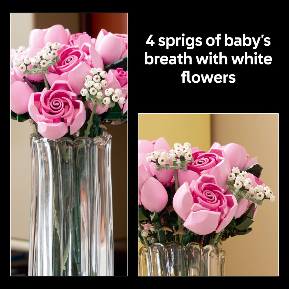 LEGO Bouquet of Pink Roses 10374 displayed in a clear ribbed glass vase featuring four sprigs of baby's breath with white flowers and pink LEGO roses shown from two angles