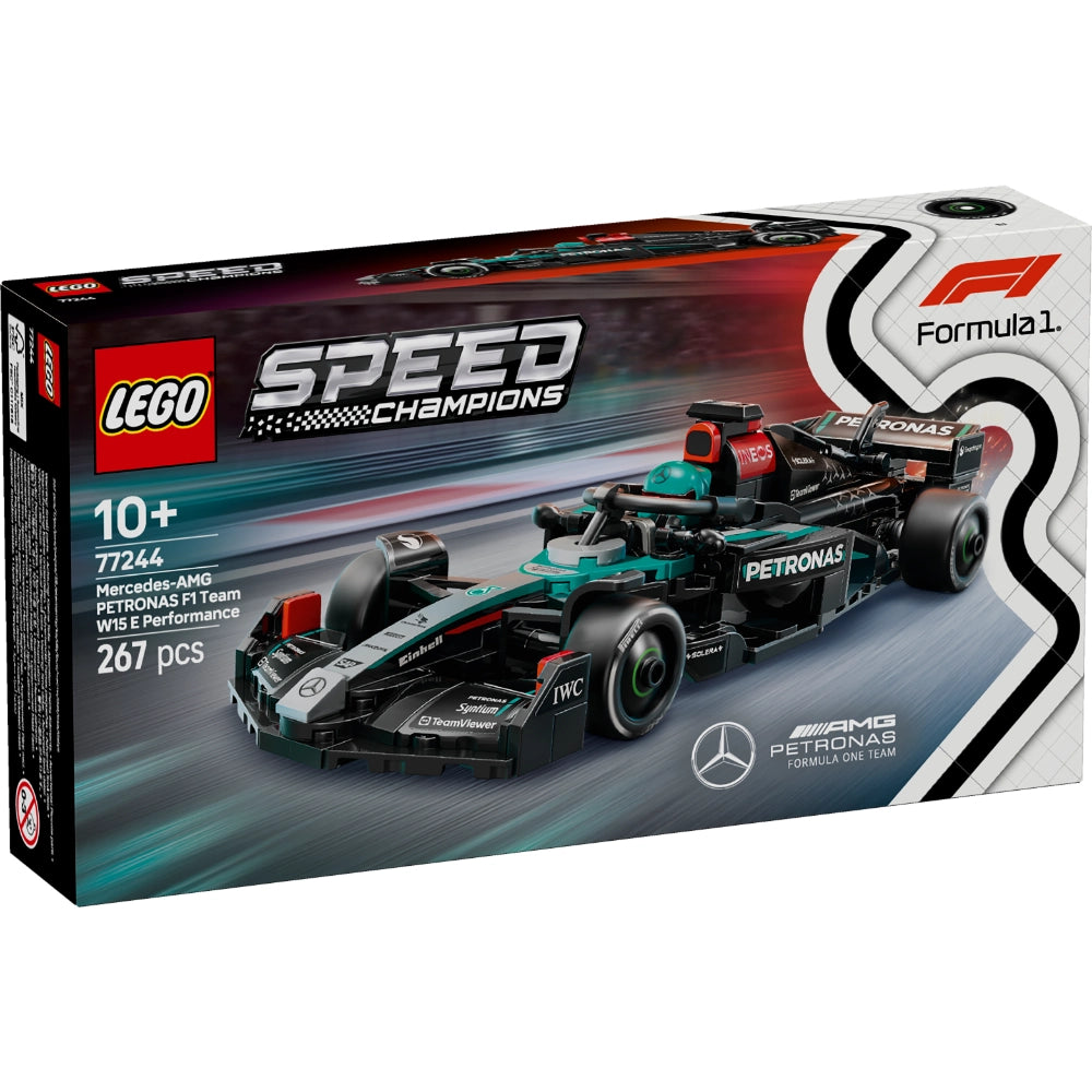 LEGO Speed Champions Mercedes-AMG PETRONAS Formula 1 W15 E Performance race car set 77244 featuring black teal and red F1 vehicle with 267 pieces for ages 10 and up displayed in packaging box on white background