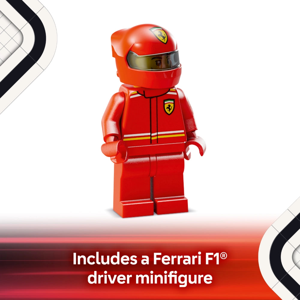LEGO Ferrari SF-24 F1 Race Car set 77242 featuring a red Ferrari F1 driver minifigure in racing suit with helmet and Ferrari Prancing Horse logo badge