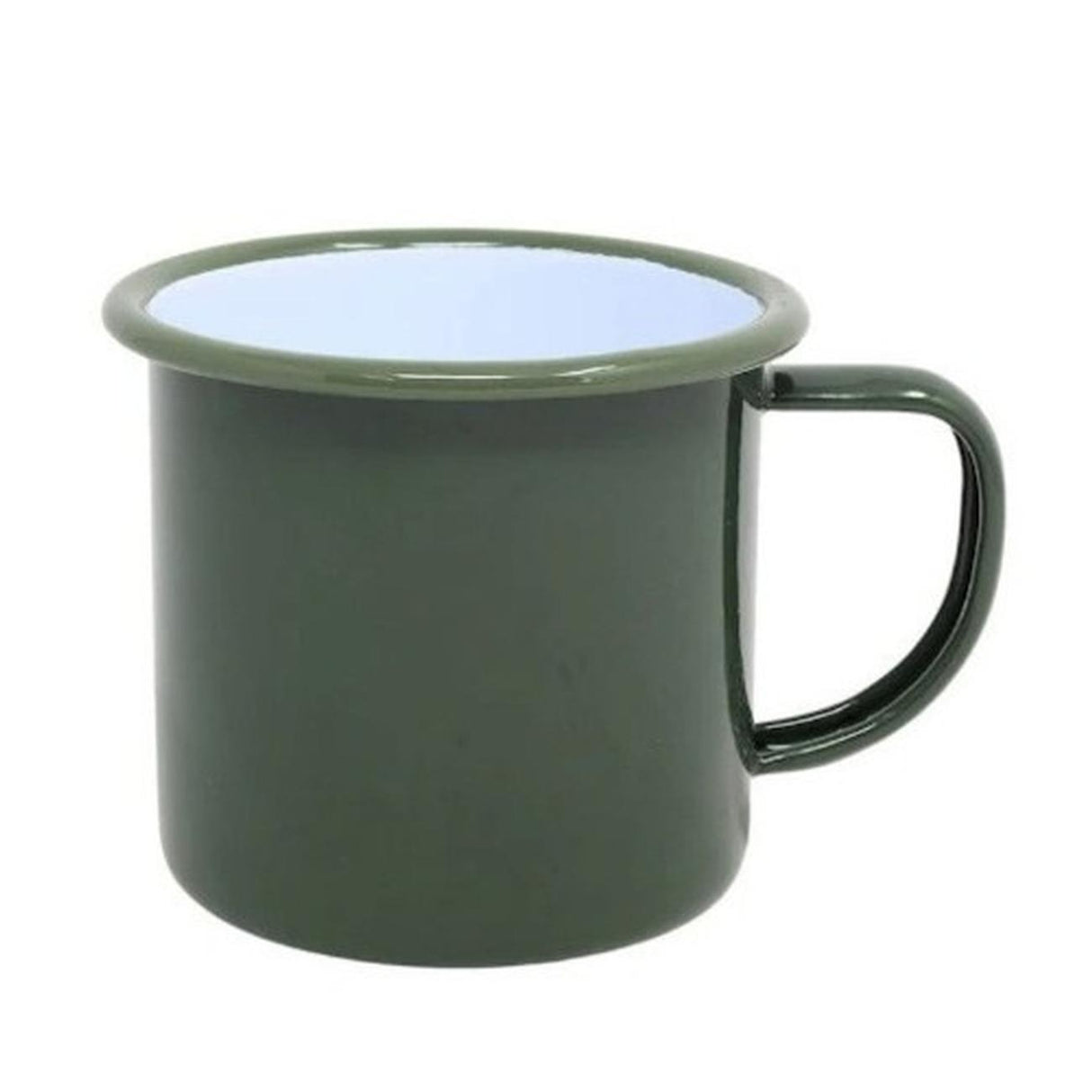 Green enamel camping mug with light blue interior, curved handle and rolled rim rim, Falcon brand 8cm size