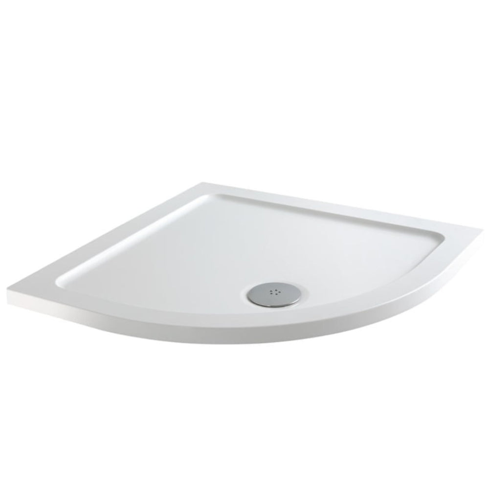 White ceramic quadrant shower tray with 40mm height, drain hole visible, modern minimalist design suitable for corner bathroom installation