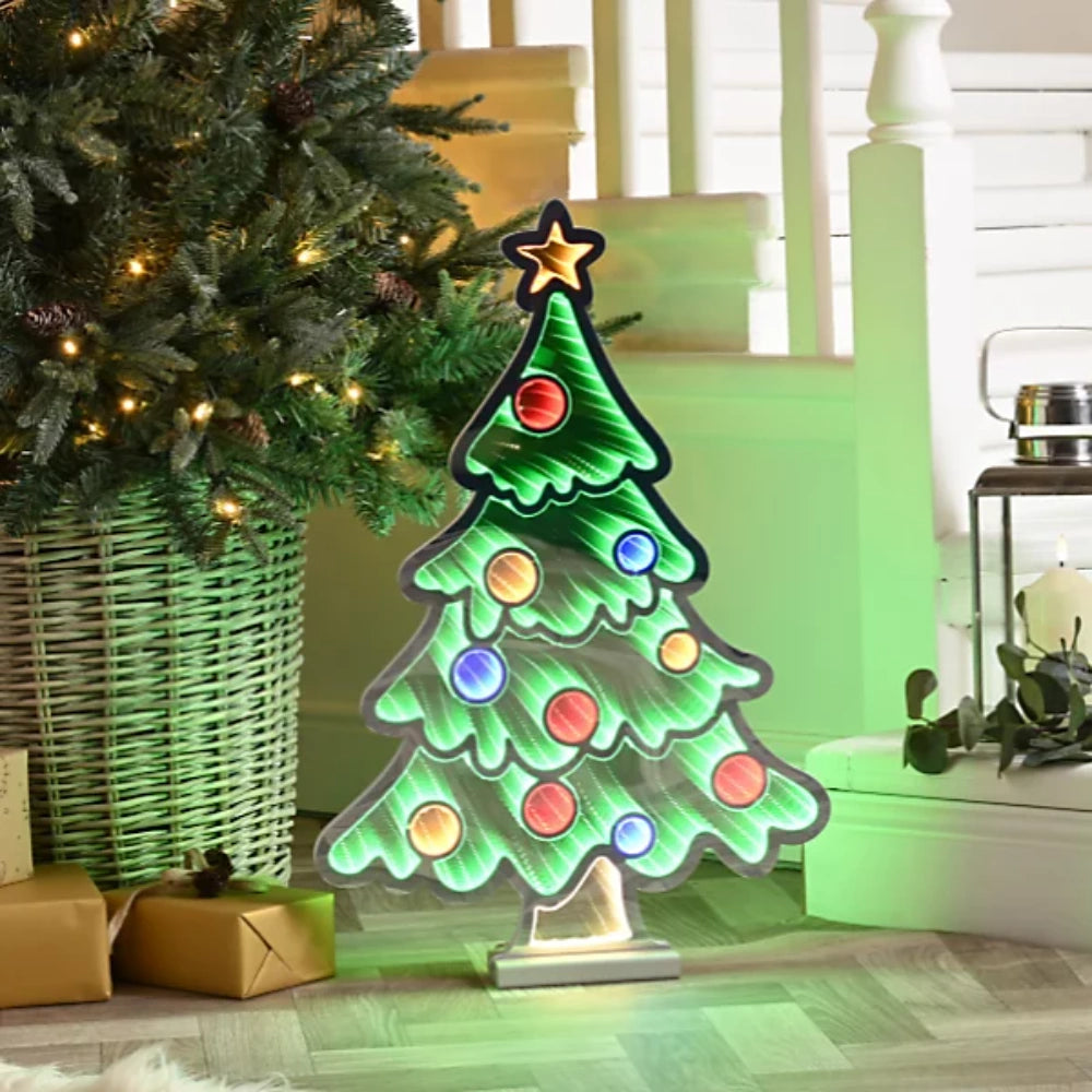 Festive Christmas Tree LED Infinity Mirror Light 60cm with Wooden Base | Indoor Use