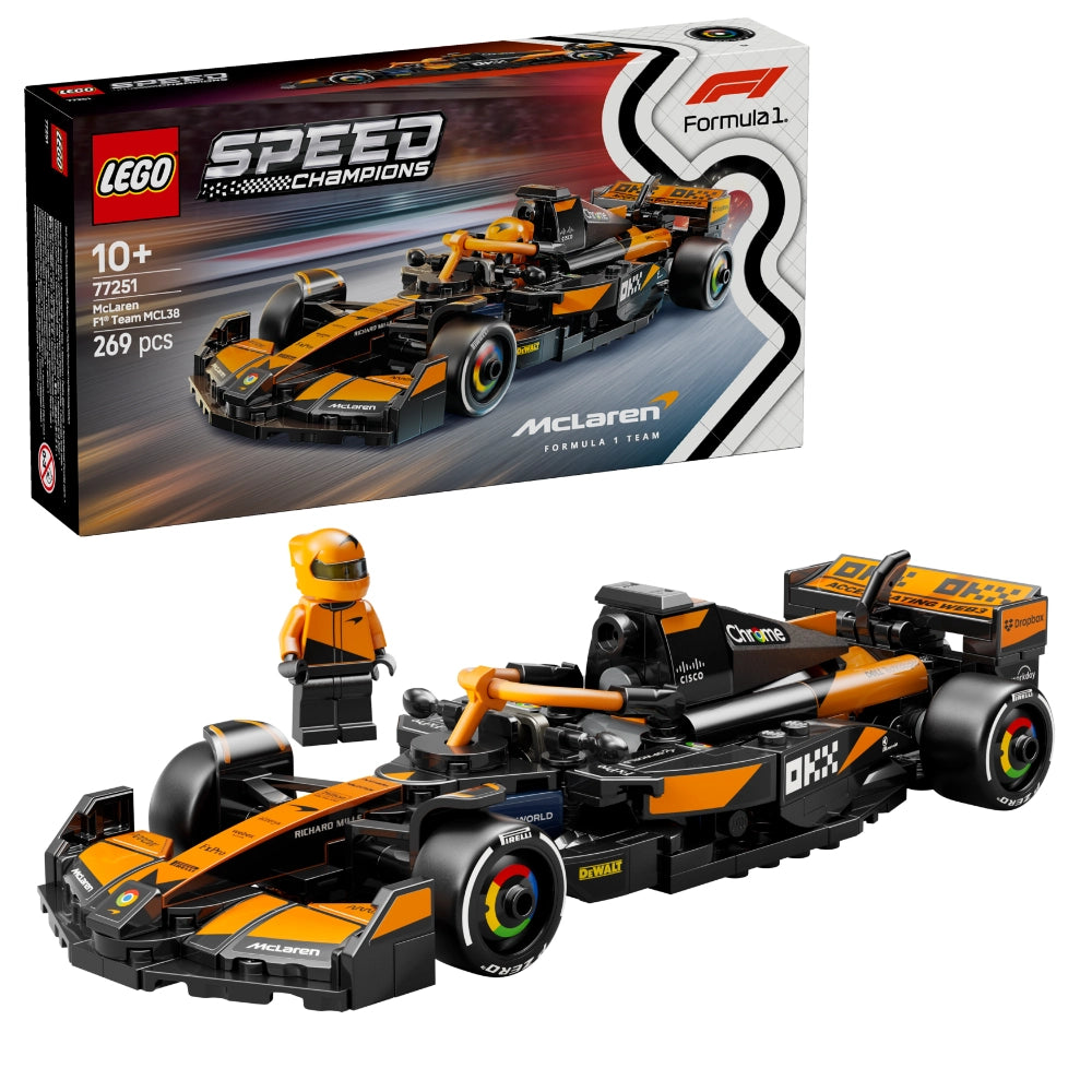 LEGO Speed Champions McLaren F1 Team MCL38 race car set 77251 featuring orange and black formula 1 vehicle with minifigure driver and pit crew accessories on white background
