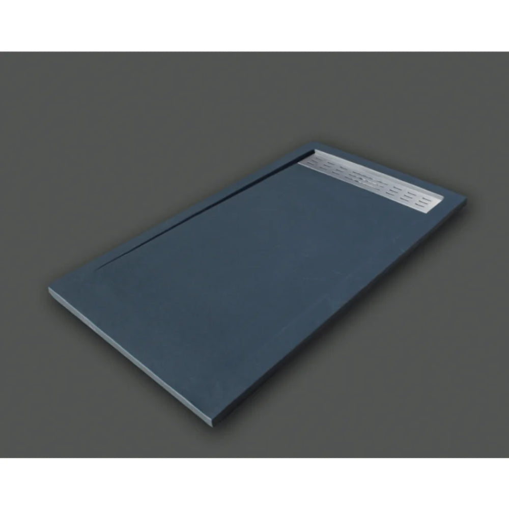 Flair Gemstone Slate rectangular shower tray in dark blue-grey with white edge trim and product label, 25mm height, shown at an angle on neutral background