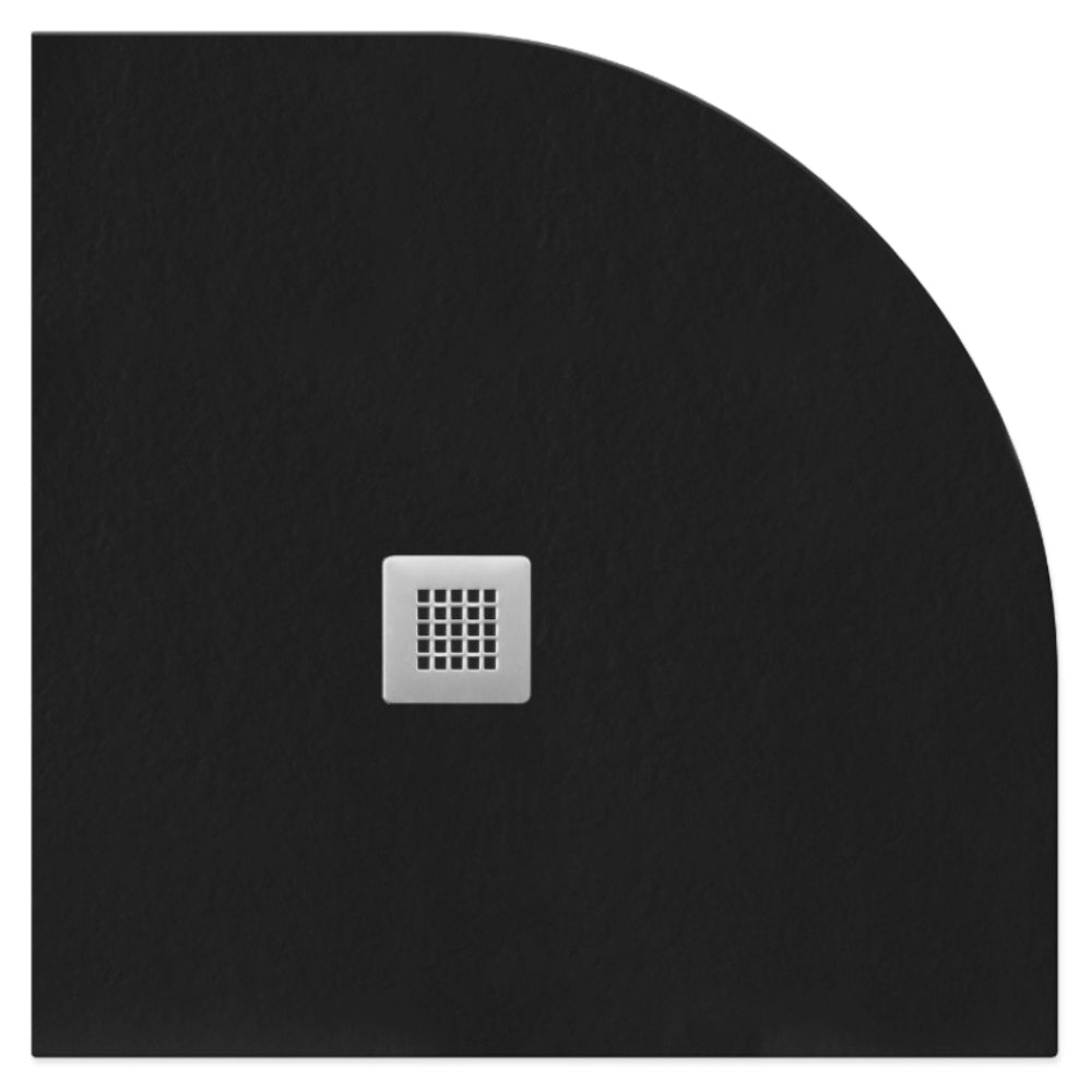Black slate quadrant shower tray with integrated square drain cover, 25mm height, front view showing curved corner design and metallic drain grate detail