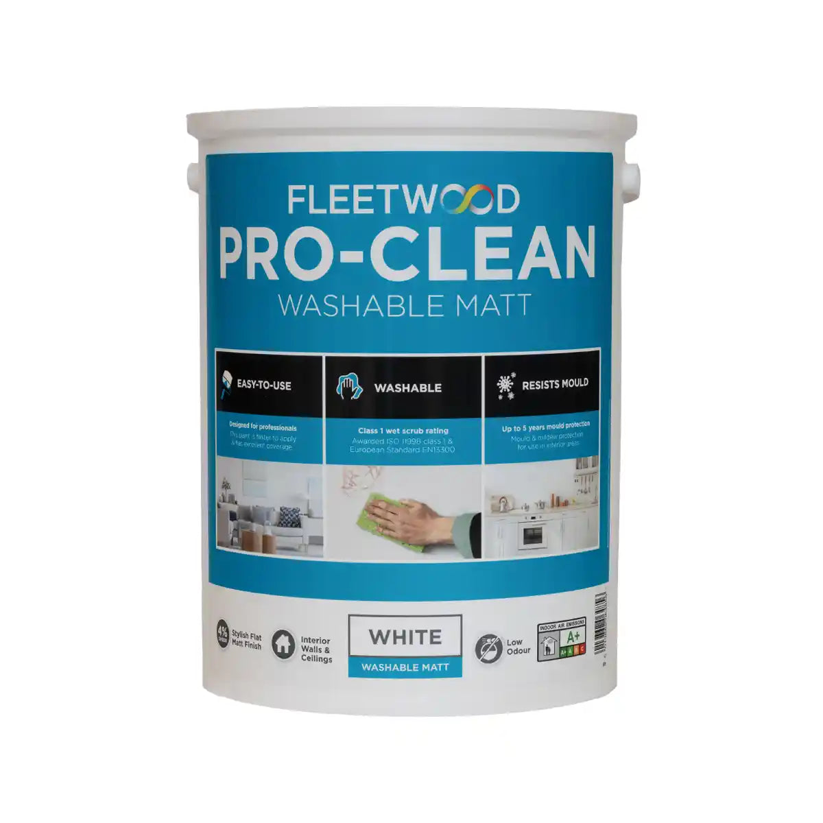Fleetwood Pro-Clean Washable Matt white paint 1 litre tin with blue label featuring easy-to-use, washable and mould-resistant properties for interior walls and ceilings