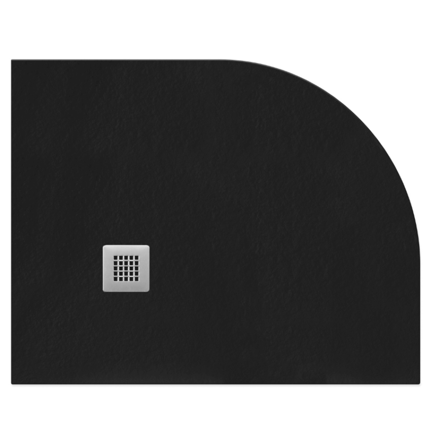 Black slate rectangular shower tray with curved right edge, 25mm height, featuring a chrome square floor drain cover, modern minimalist design