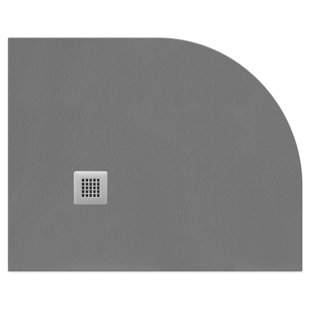 Gray slate curved corner shower tray with white square drainage grate, 25mm height, rectangular design available in multiple sizes