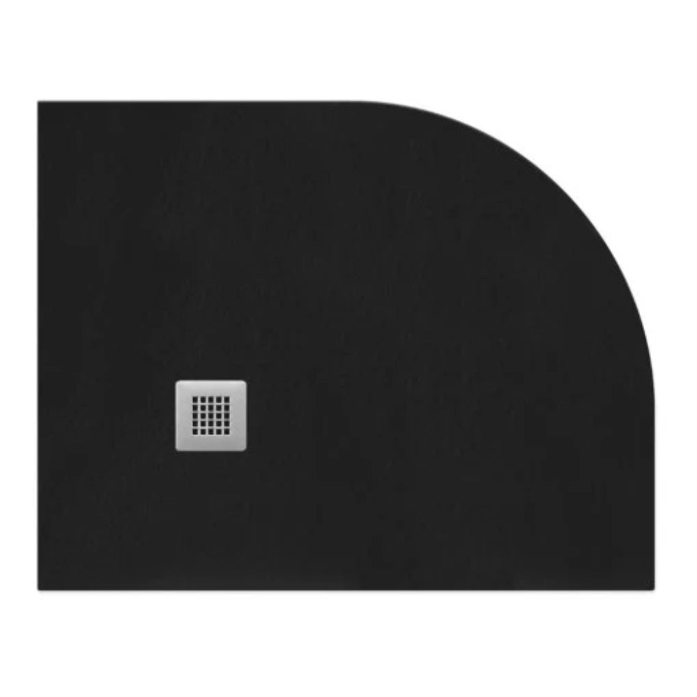 Black slate rectangular shower tray with curved corner, 25mm height, featuring integrated chrome square drainage point, modern minimalist design